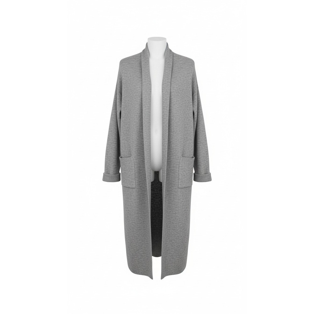 Liz Claiborne Open Front Duster Cardigan Women Sz M Gray Acrylic Knit Pockets